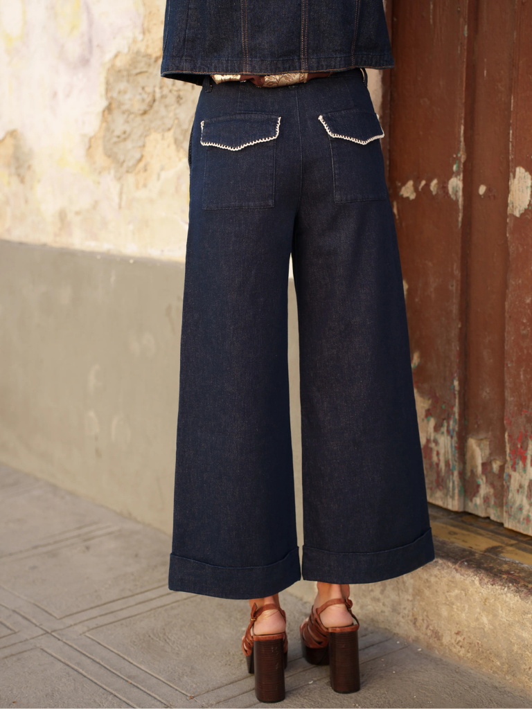 Vichy Denim Jeans with frill pocket