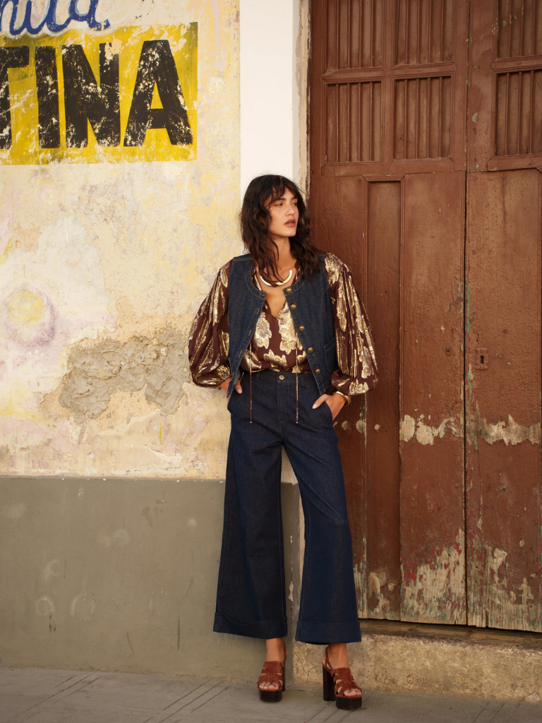 Vichy Denim Jeans with frill pocket