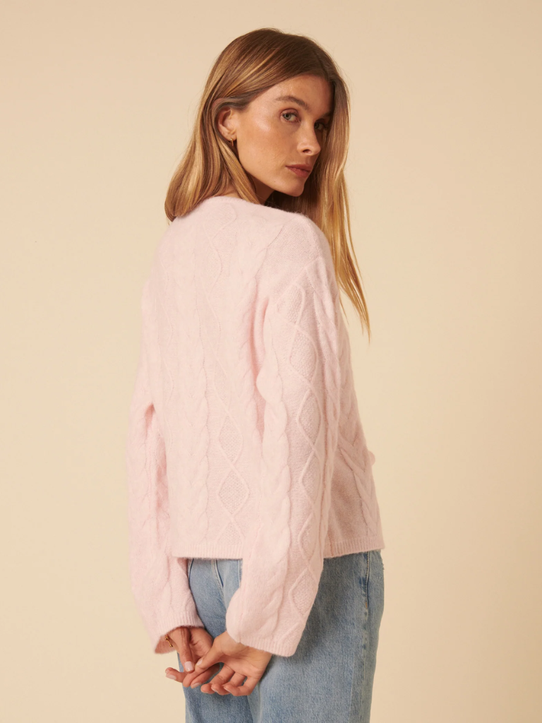 Cable tie front pink cardigan