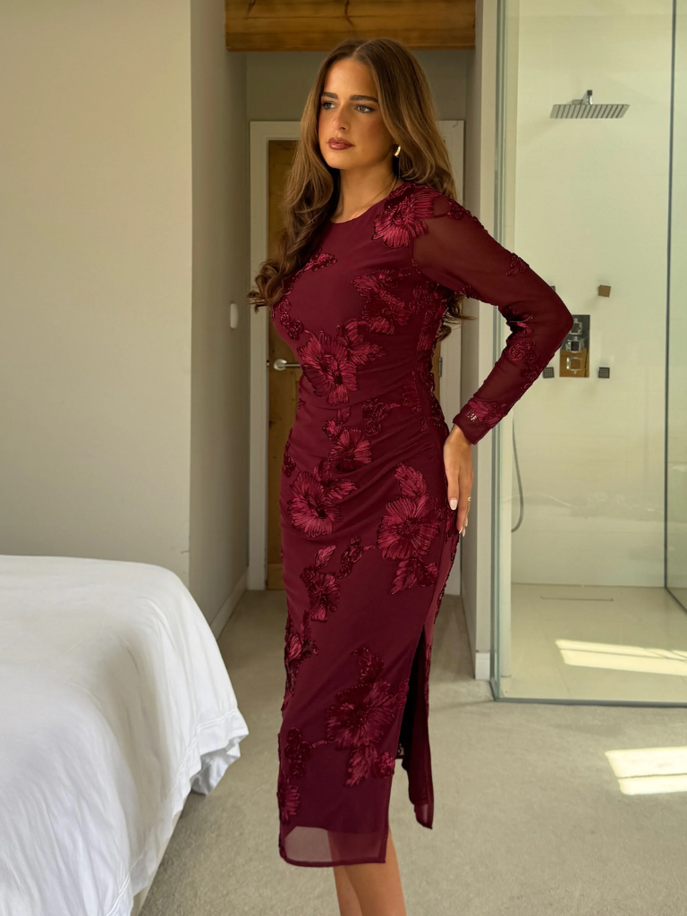Elodie Floral Embroidered plum dress