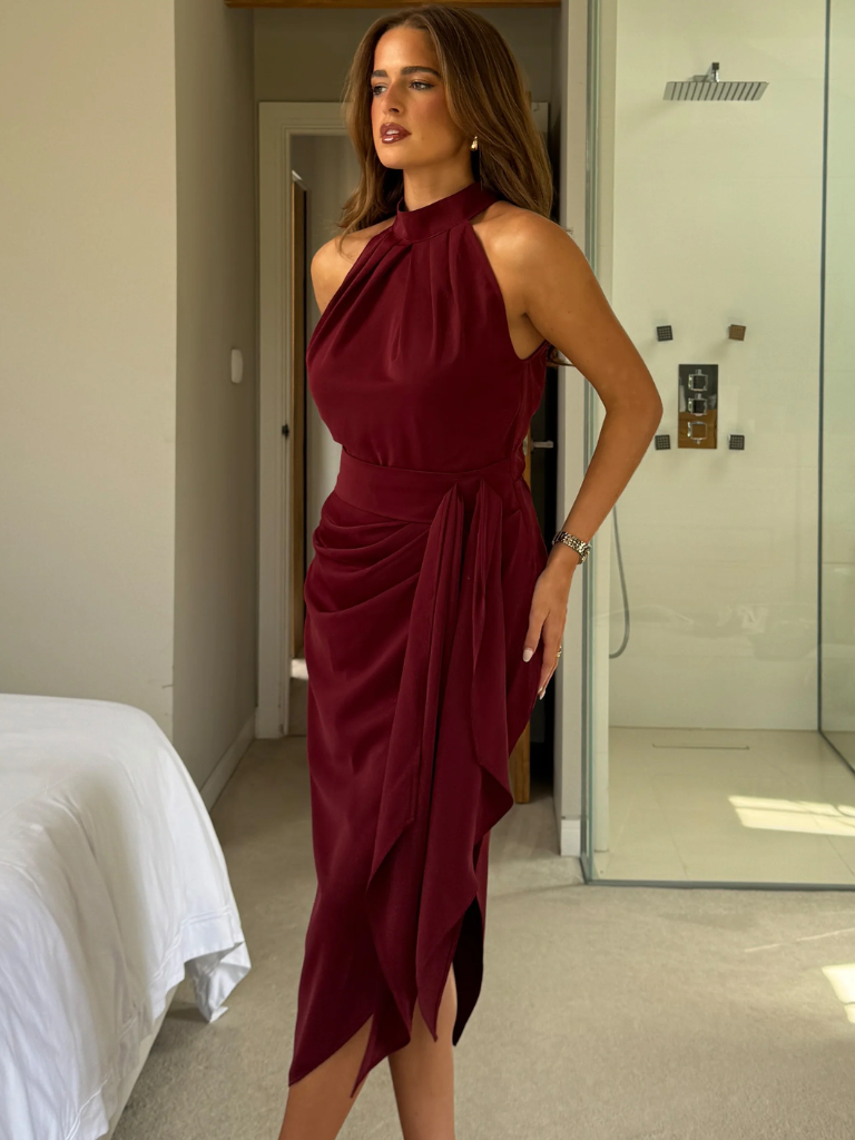 Priya Tie Waist Halter Dress - Plum