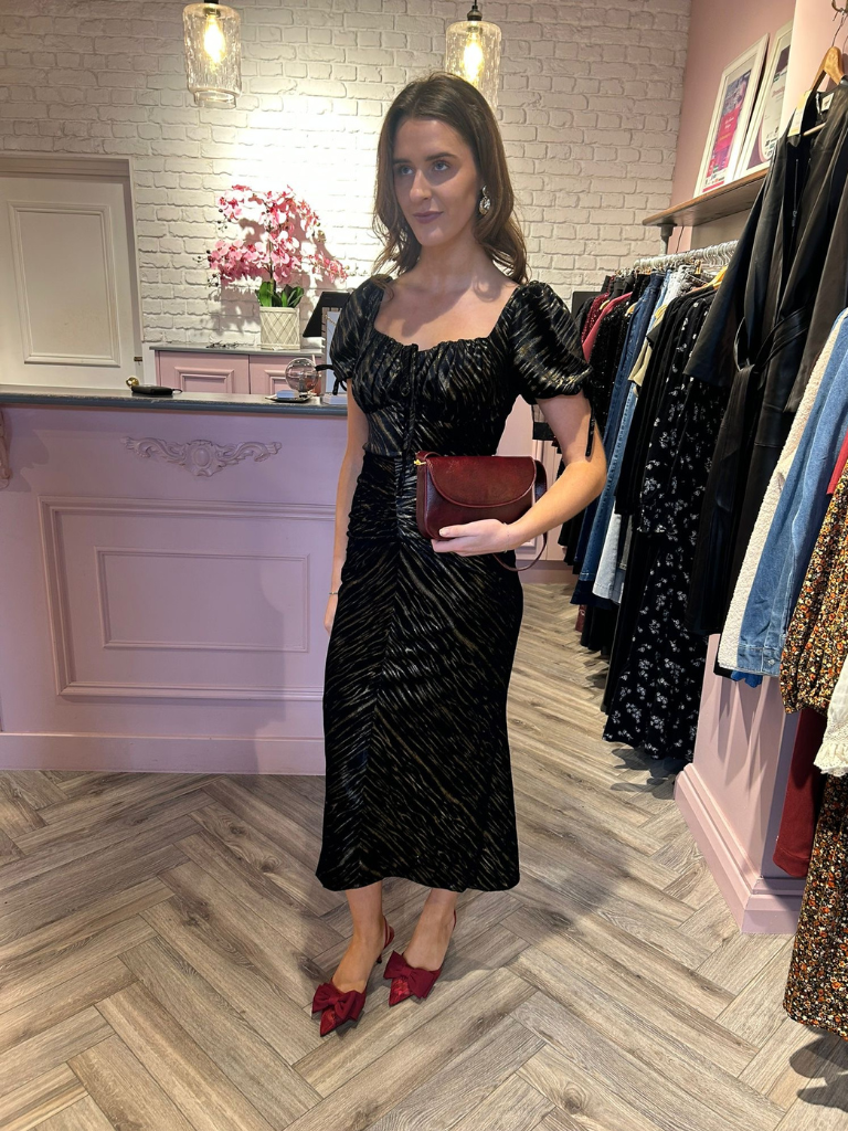 Dove Ruched Detail Velvet Midi Dress Black And Gold