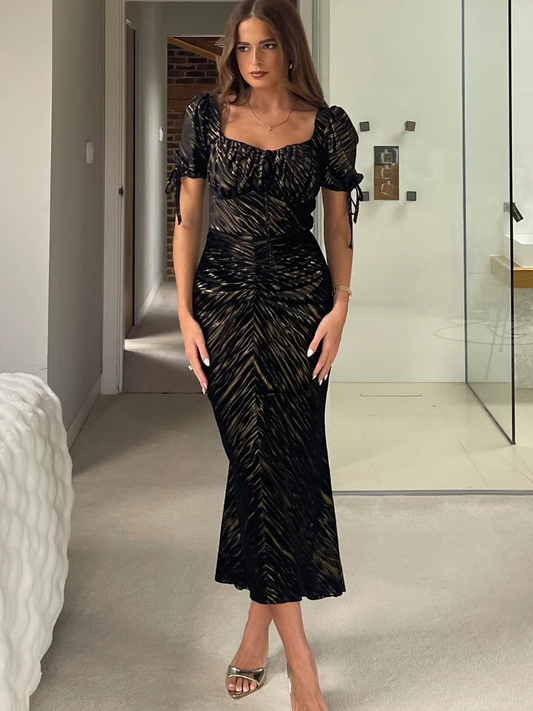 Dove Ruched Detail Velvet Midi Dress Black And Gold