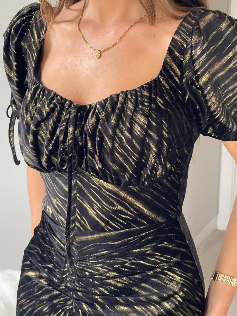 Dove Ruched Detail Velvet Midi Dress Black And Gold