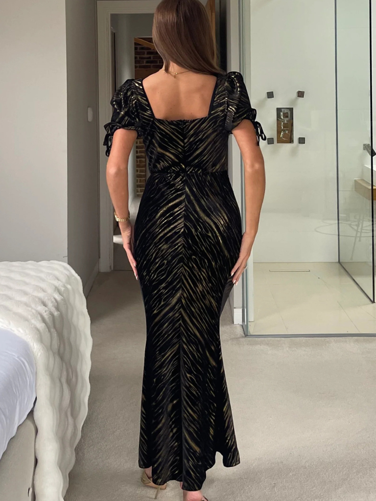 Dove Ruched Detail Velvet Midi Dress Black And Gold