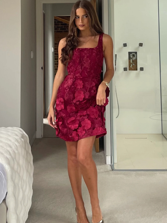 Celeste 3D Floral Square Neck Mini Dress Berry