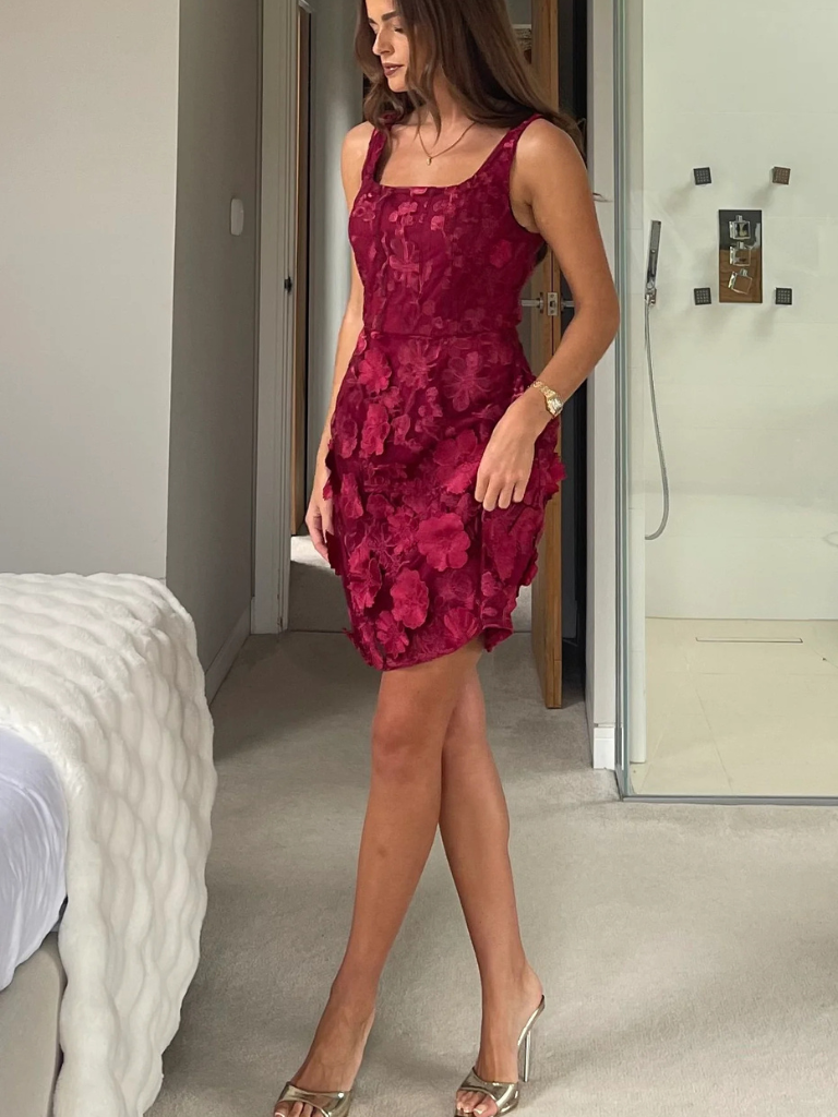 Celeste 3D Floral Square Neck Mini Dress Berry