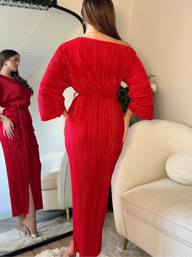 Vendy Off The Shoulder Ruched Detail Midi Dress Red