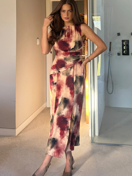 Bay Boat Neck Keyhole Detail Midi Dress Brown Abstract