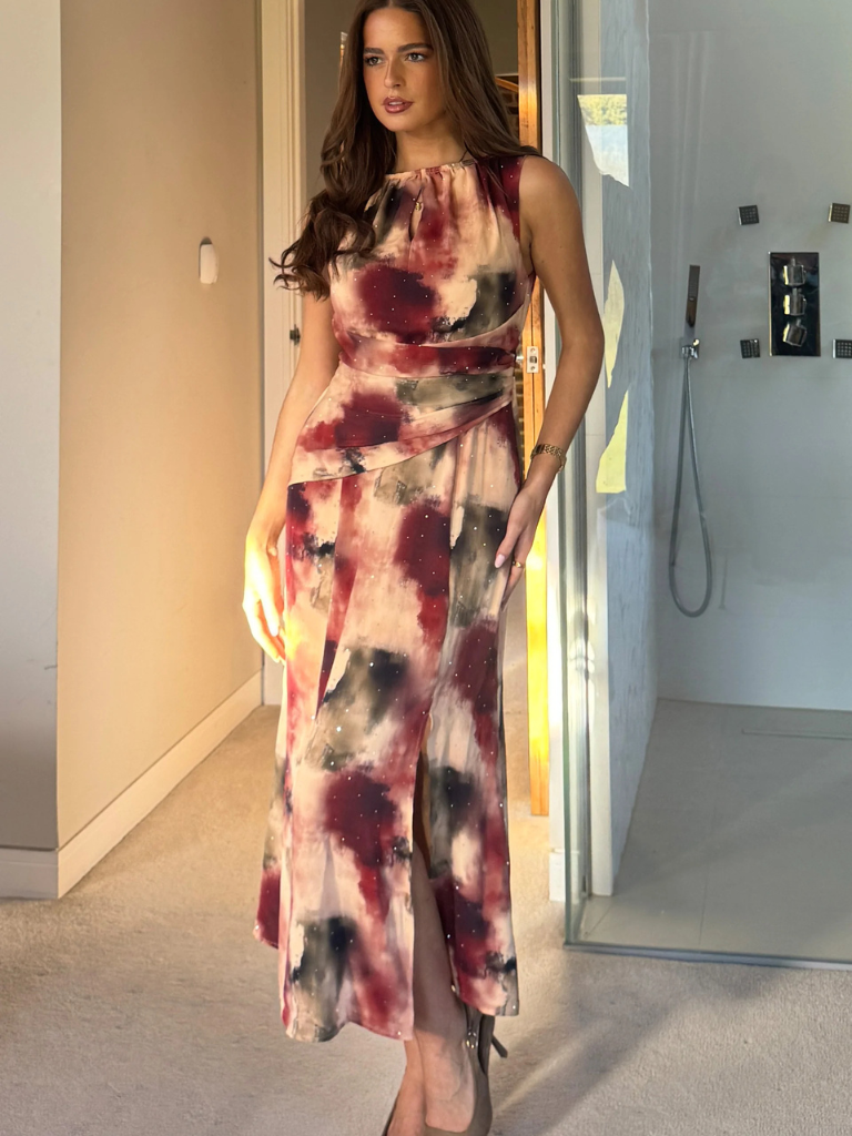 Bay Boat Neck Keyhole Detail Midi Dress Brown Abstract