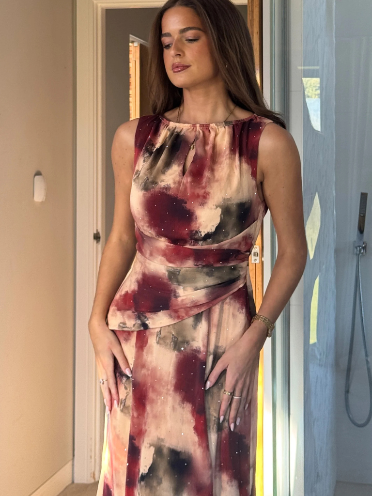 Bay Boat Neck Keyhole Detail Midi Dress Brown Abstract