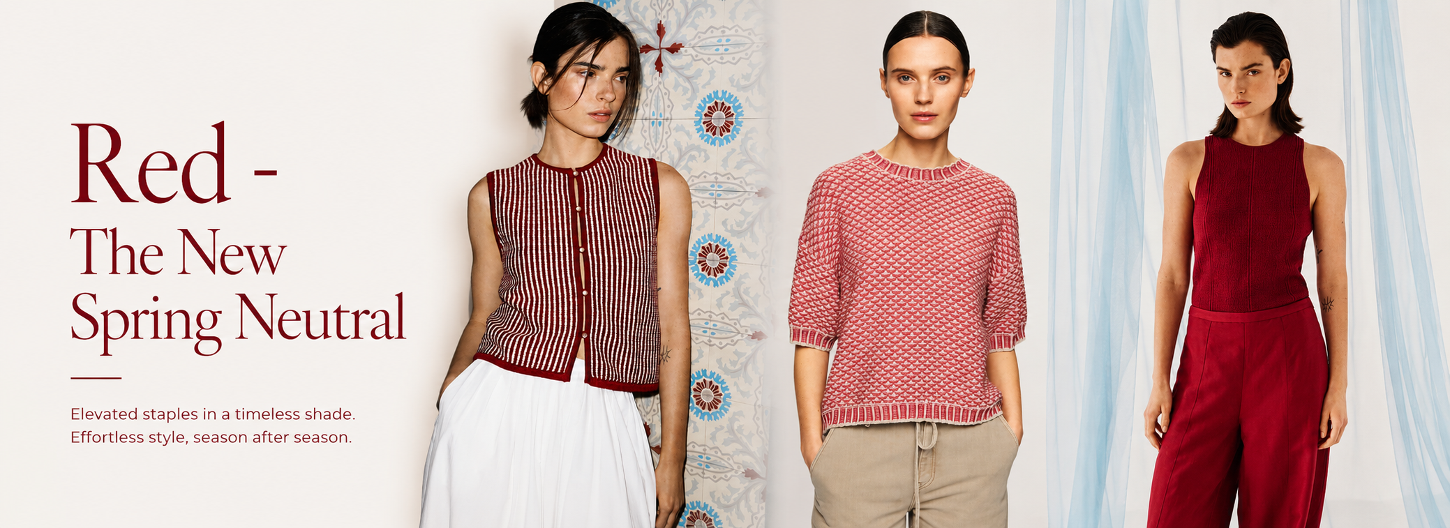 Women wearing red and white outfits with text 'Red - The New Spring Neutral' on a patterned background with creams and light blues.