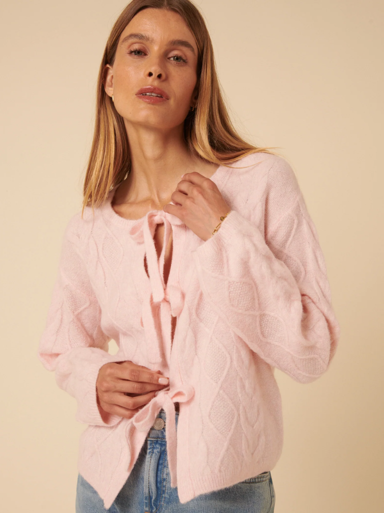 Cable tie front pink cardigan