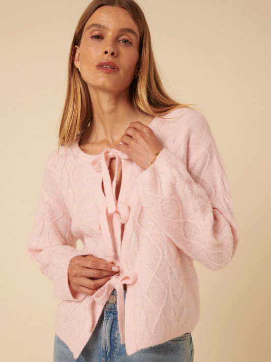 Cable tie front pink cardigan