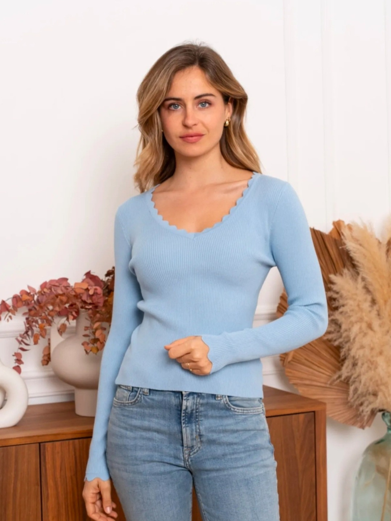 Ella Blue Scallop Neckline Top