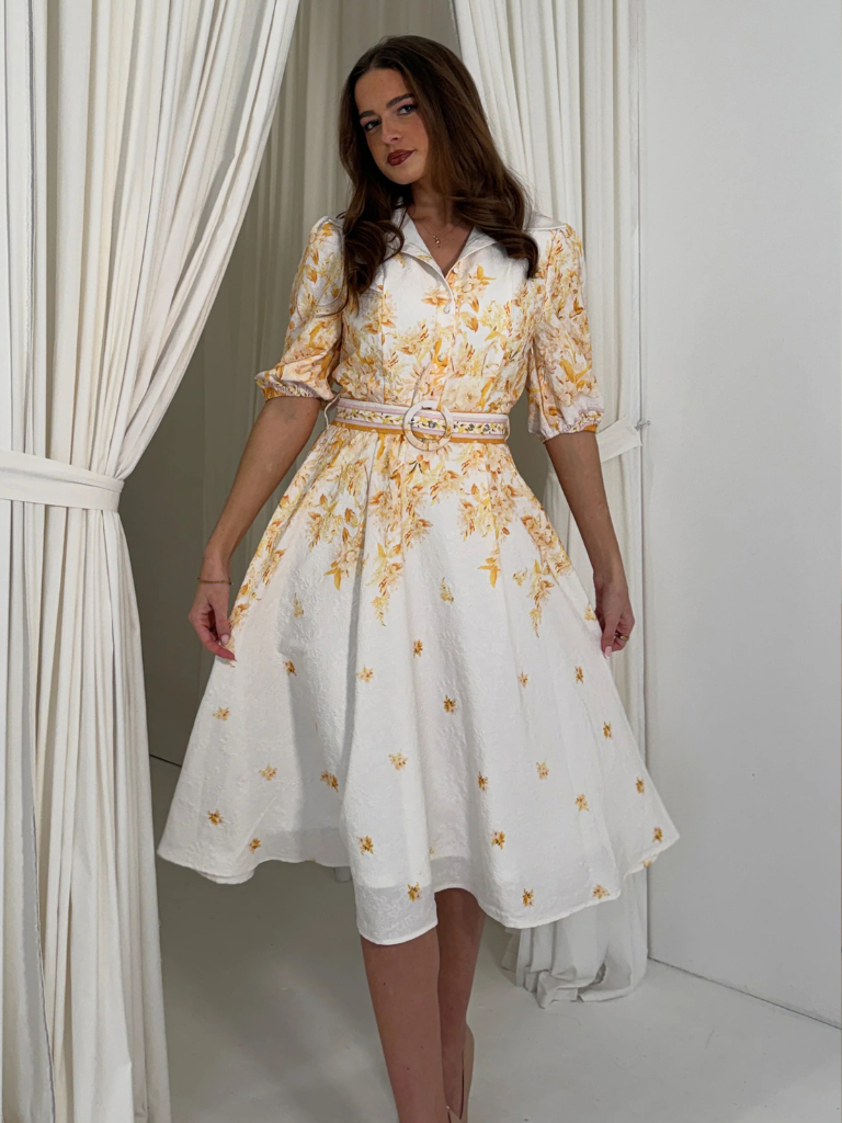 Holland Cream and Yellow Floral Collar Midi Dress