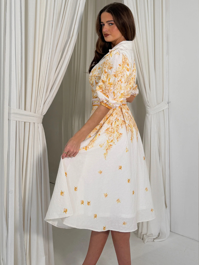 Holland Cream and Yellow Floral Collar Midi Dress