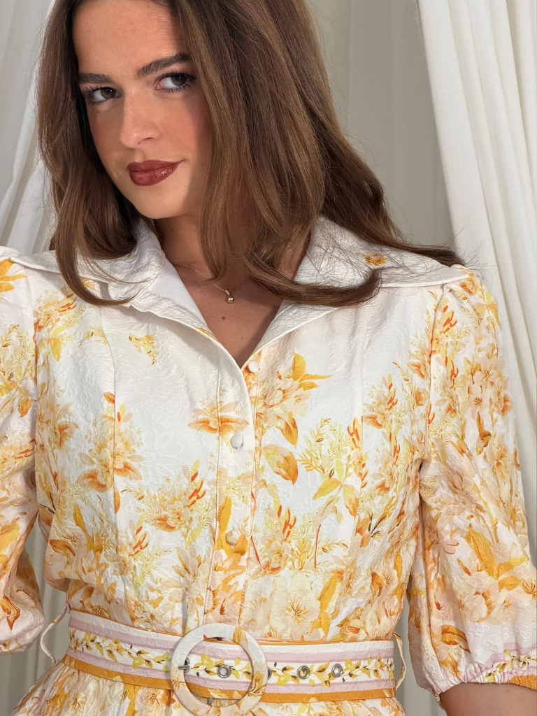 Holland Cream and Yellow Floral Collar Midi Dress