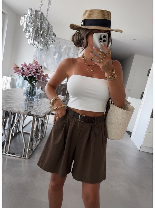 Camille Brown Belted Cotton Shorts