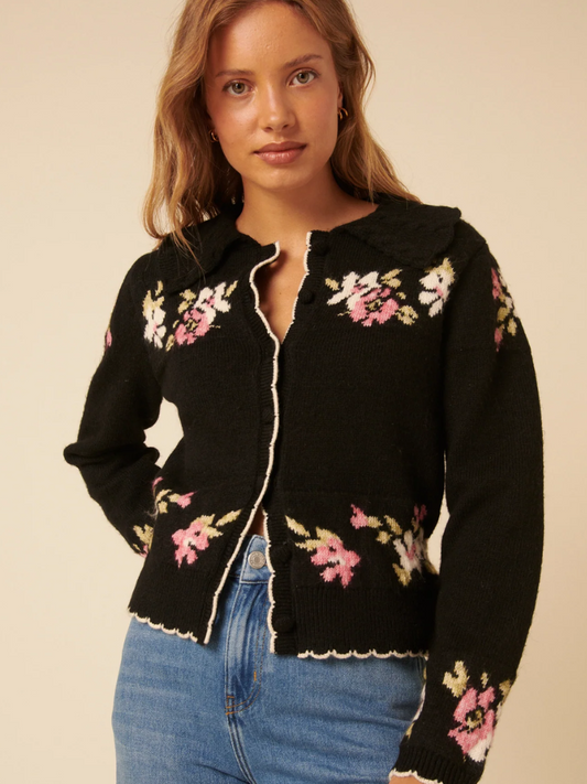 Floral Jaquard Collared Cardigan