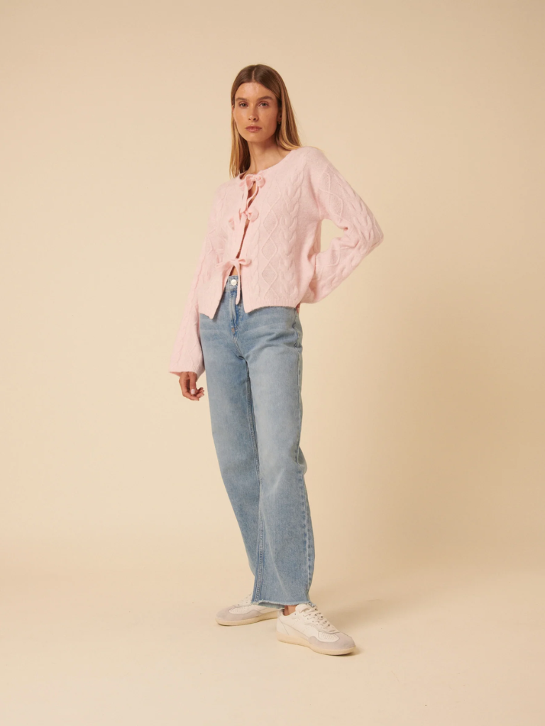 Cable tie front pink cardigan