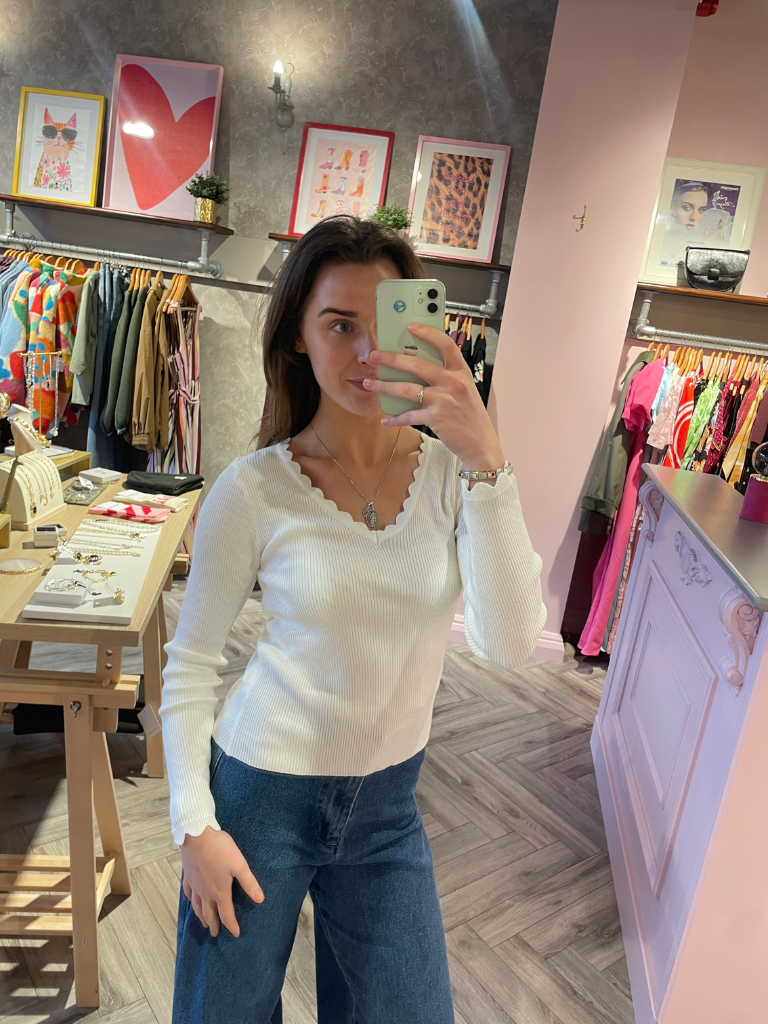 Ella White Scallop Neckline Top