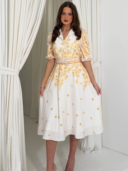 Holland Cream and Yellow Floral Collar Midi Dress